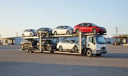 Car transporter loaded with vehicles in Great Bend, Kansas, United States