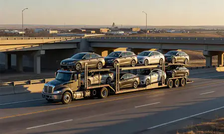 Car transporter with the Great Bend, Kansas, United States skyline behind it