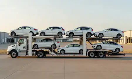 Car transporter parked in an industrial area of Hays, Kansas, United States