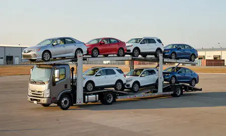 Car transporter loaded with vehicles in Hays, Kansas, United States
