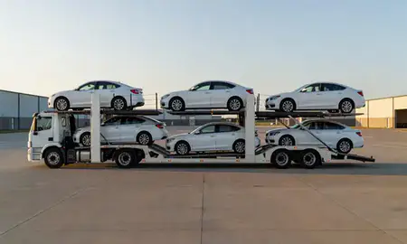 Car transporter parked in an industrial area of Hutchinson, Kansas, United States