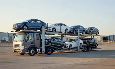 Car transporter loaded with vehicles in Hutchinson, Kansas, United States
