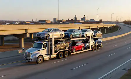 Car transporter with the Hutchinson, Kansas, United States skyline behind it