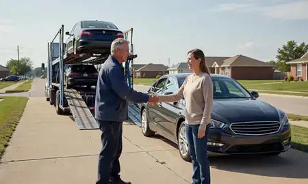 Vehicle owner beside their delivered car in Junction City, Kansas, United States