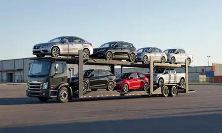 Car transporter loaded with vehicles in Junction City, Kansas, United States