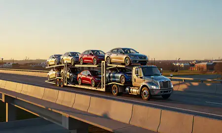 Car transporter with the Junction City, Kansas, United States skyline behind it