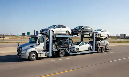 Multi-level car carrier on the highway to Kansas City, Kansas, United States