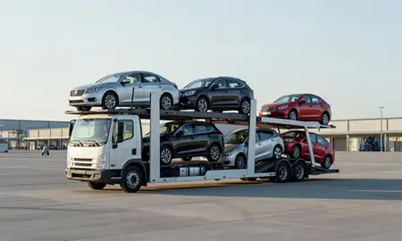 Car transporter loaded with vehicles in Kansas City, Kansas, United States