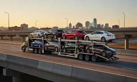 Car transporter with the Kansas City, Kansas, United States skyline behind it