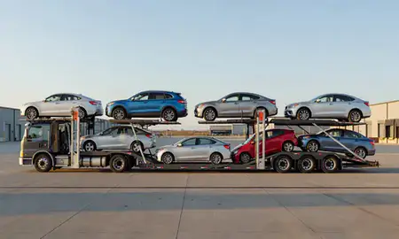 Car transporter parked in an industrial area of Lawrence, Kansas, United States
