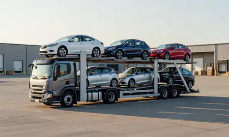 Car transporter loaded with vehicles in Lawrence, Kansas, United States