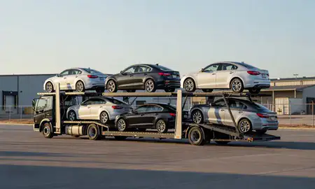 Car transporter loaded with vehicles in Leavenworth, Kansas, United States