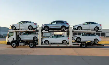 Car transporter parked in an industrial area of Leawood, Kansas, United States