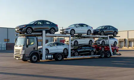 Car transporter loaded with vehicles in Leawood, Kansas, United States