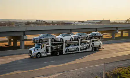 Car transporter with the Leawood, Kansas, United States skyline behind it