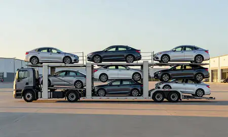 Car transporter parked in an industrial area of Lenexa, Kansas, United States