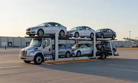 Car transporter loaded with vehicles in Lenexa, Kansas, United States