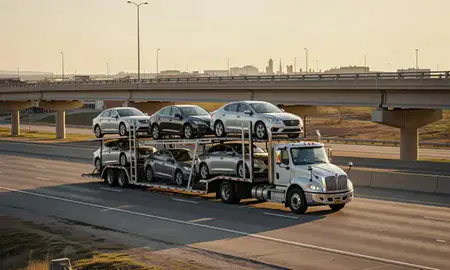 Car transporter with the Lenexa, Kansas, United States skyline behind it
