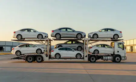 Car transporter parked in an industrial area of Liberal, Kansas, United States