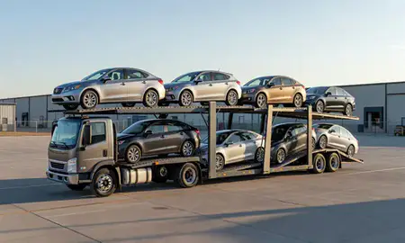 Car transporter loaded with vehicles in Liberal, Kansas, United States