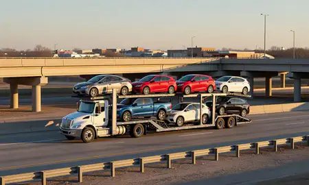Car transporter with the Liberal, Kansas, United States skyline behind it
