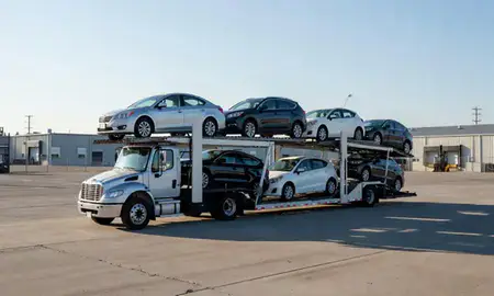 Car transporter loaded with vehicles in Manhattan, Kansas, United States