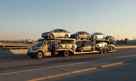 Car transporter with the Manhattan, Kansas, United States skyline behind it
