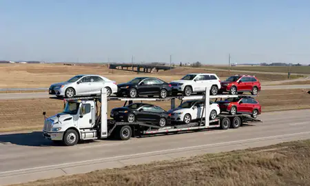 Multi-level car carrier on the highway to McPherson, Kansas, United States