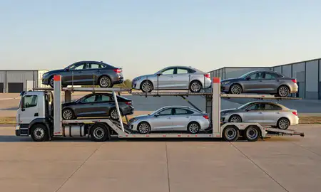 Car transporter parked in an industrial area of McPherson, Kansas, United States