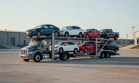 Car transporter loaded with vehicles in McPherson, Kansas, United States
