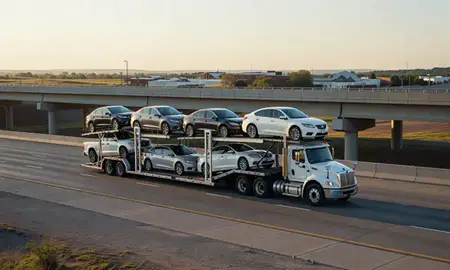 Car transporter with the McPherson, Kansas, United States skyline behind it