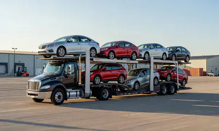 Car transporter loaded with vehicles in Newton, Kansas, United States
