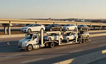 Car transporter with the Newton, Kansas, United States skyline behind it