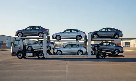 Car transporter loaded with vehicles in Olathe, Kansas, United States