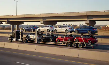 Car transporter with the Olathe, Kansas, United States skyline behind it