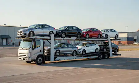 Car transporter loaded with vehicles in Ottawa, Kansas, United States