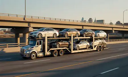 Car transporter with the Ottawa, Kansas, United States skyline behind it