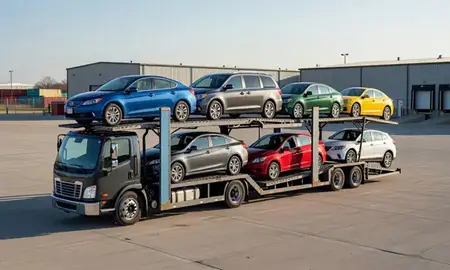 Car transporter loaded with vehicles in Overland Park, Kansas, United States
