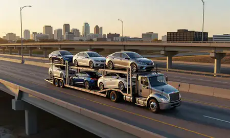 Car transporter with the Overland Park, Kansas, United States skyline behind it