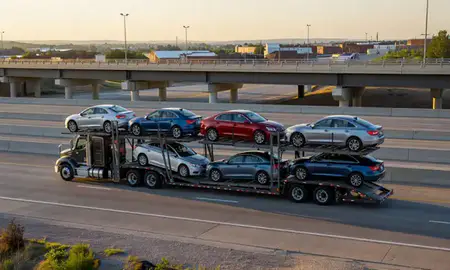 Car transporter with the Pittsburg, Kansas, United States skyline behind it