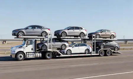 Multi-level car carrier on the highway to Prairie Village, Kansas, United States