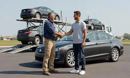 Vehicle owner beside their delivered car in Prairie Village, Kansas, United States