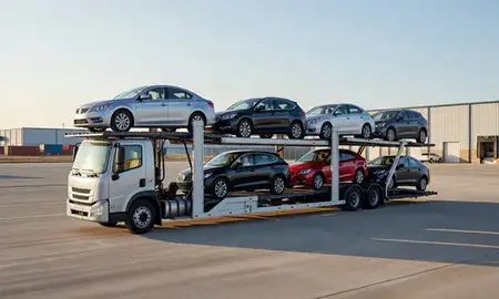 Car transporter loaded with vehicles in Prairie Village, Kansas, United States