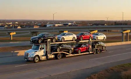 Car transporter with the Prairie Village, Kansas, United States skyline behind it