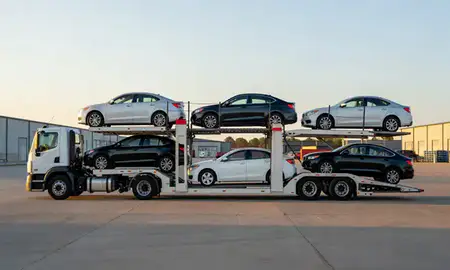 Car transporter parked in an industrial area of Salina, Kansas, United States