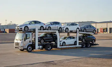 Car transporter loaded with vehicles in Salina, Kansas, United States