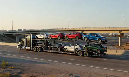 Car transporter with the Salina, Kansas, United States skyline behind it