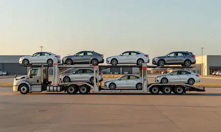 Car transporter parked in an industrial area of Shawnee, Kansas, United States