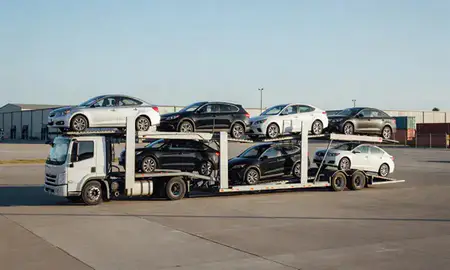 Car transporter loaded with vehicles in Shawnee, Kansas, United States