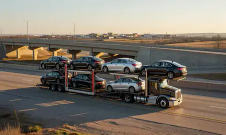 Car transporter with the Shawnee, Kansas, United States skyline behind it